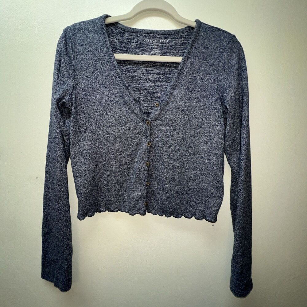American Eagle Soft and Sexy Plush Womens Blue Cropped Cardigan Sweater Size S